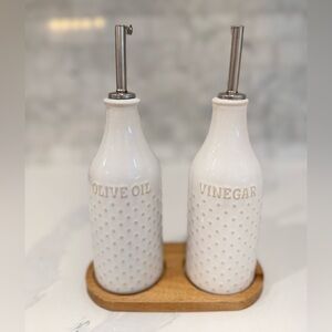 White Ceramic Olive Oil & Vinegar Dispenser Set with Wooden Tray
